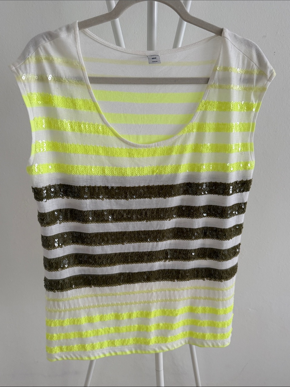Old Navy Neon Yellow & Olive Sequin Stripe Tank Top